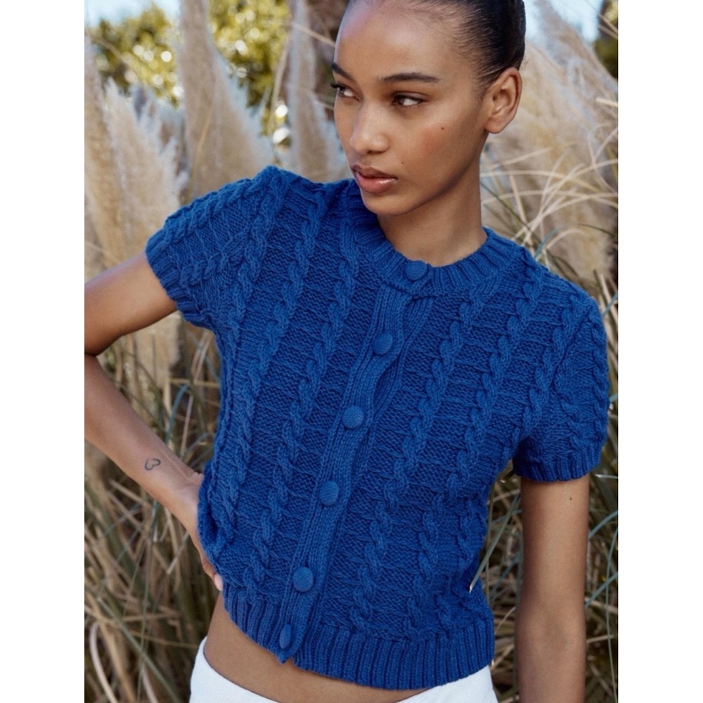 Zara NWT Cobalt Blue Short Sleeve Cable Knit Cardigan Button Front Crew Neck L